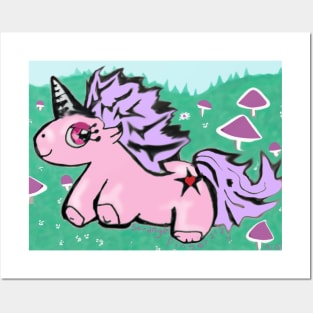 Pink Fluffy Unicorn Jumping Through A Field Posters and Art